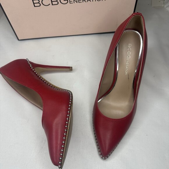 BCBG Generation Leather Stilletto Red Studded Shoes Almond toe heels Pumps - Picture 3 of 13